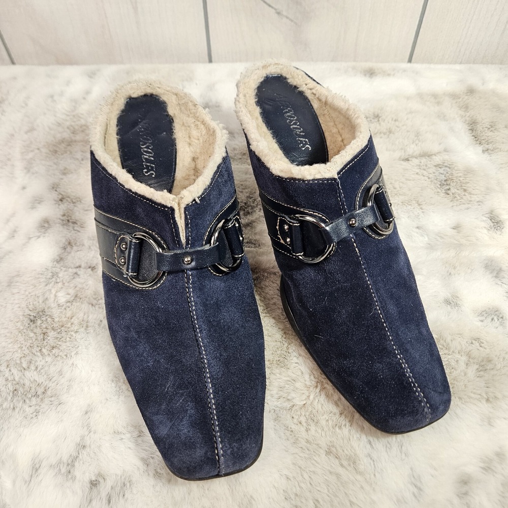 Aerosoles Women's Mules Clogs Size 7.5B Blue Suede Cinch Shearly 2.5" Heel Slip